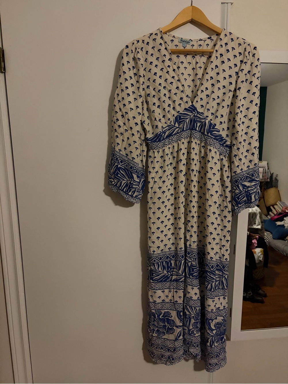Nostalgia Cream Maxi Dress with Blue Print